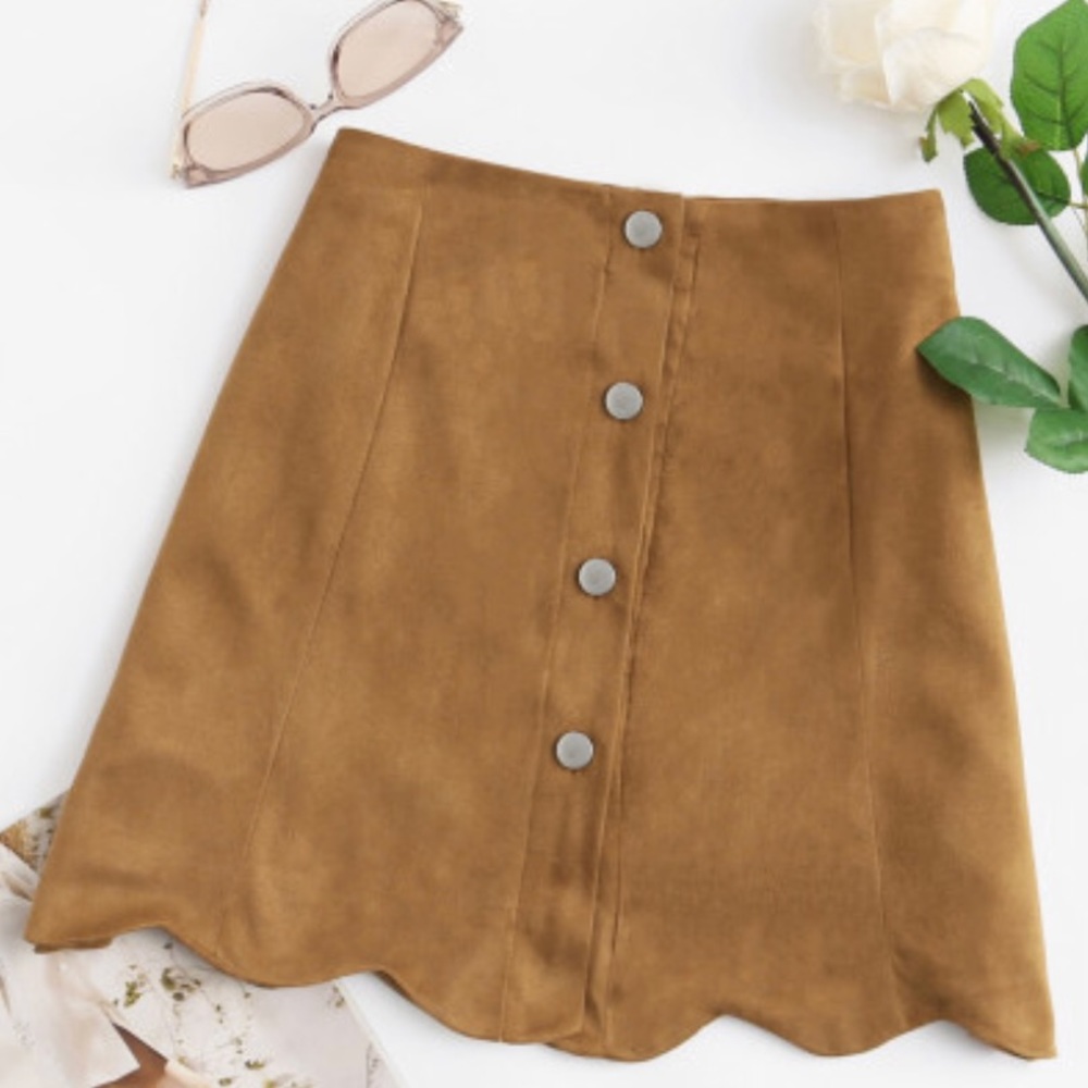First and I scalloped monk suedette skirt
